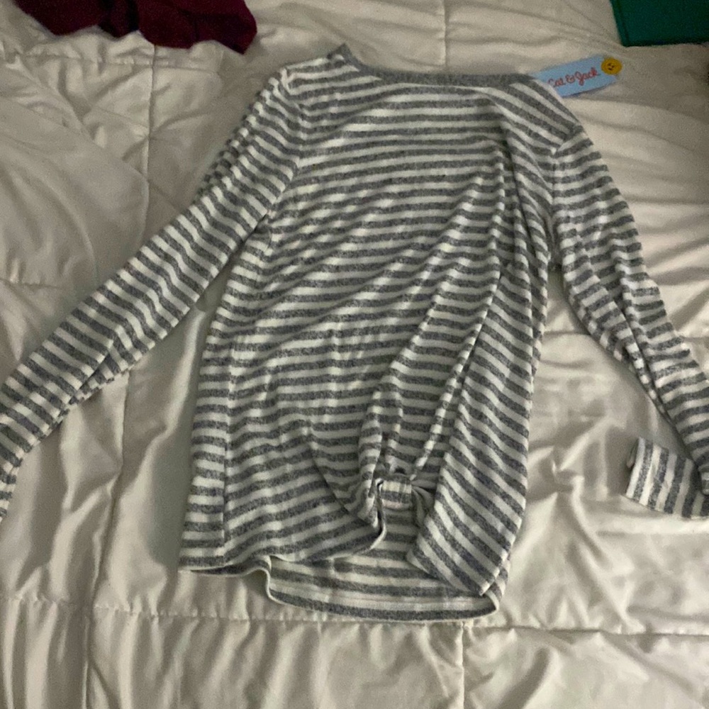 Cat and jack shirt. White and grey striped. Size L (10-12)